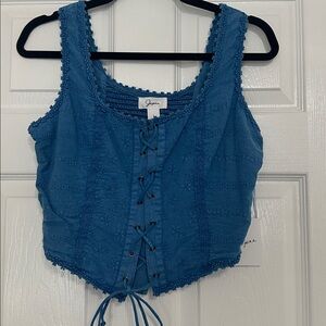 Japna Blue Eyelet Smocked Back Lace Up Corset Crop Top - Size L